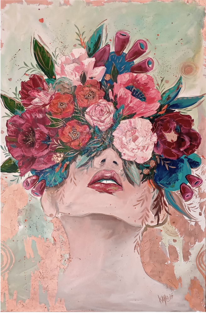Painting of a woman with her eyes obscured by a vivid explosion of colorful flowers blooming from her face.